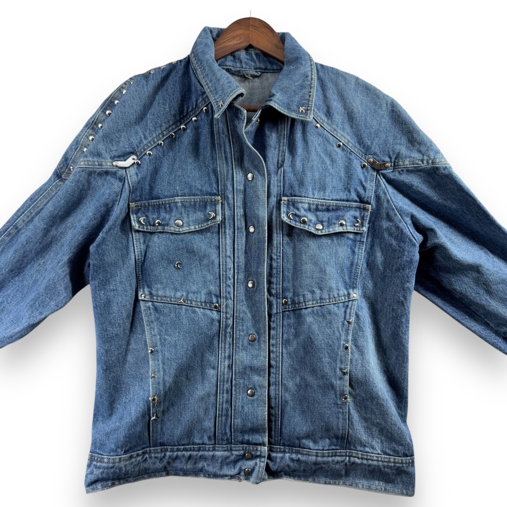 Vintage Studded 90s Trucker Jean Denim Jacket Blue Mens Size 40 Long Sleeve